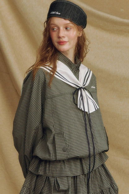 Navy Collar Plaid Jacket Set-Up