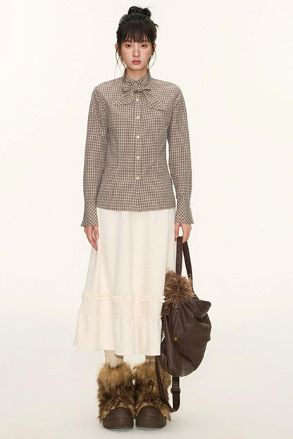 Original Plaid Embroidered Lace-Up Long Sleeve Shirt