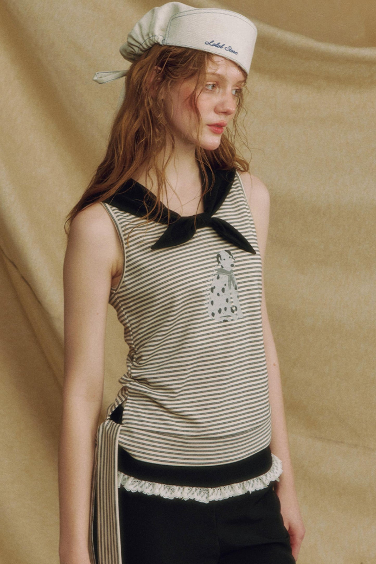 Puppy Print Bow-Striped Navy Tank Top