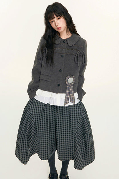 College Ruffle Woolen Suit Skirt Set-Up