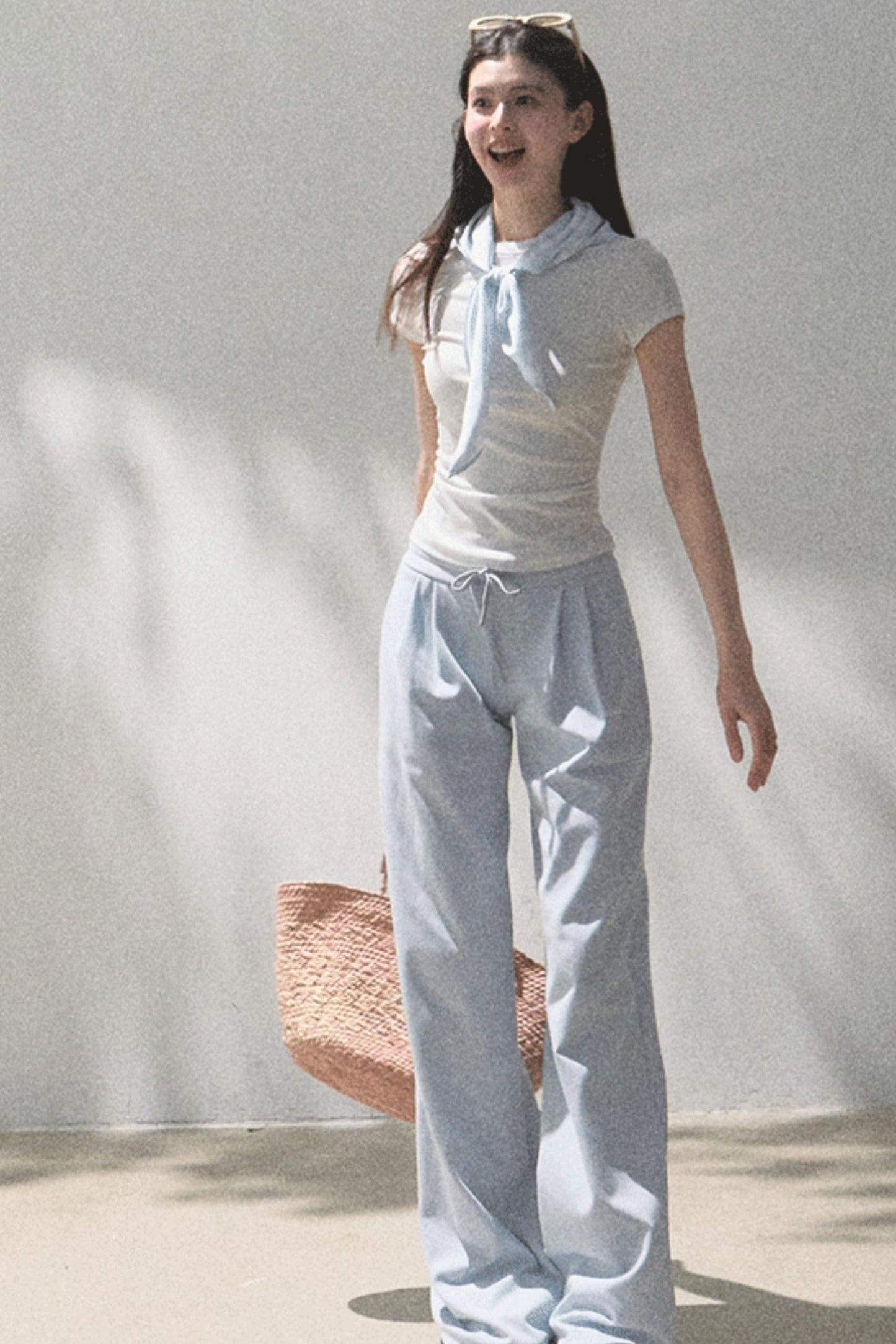 Lace-Up Top & Wide Leg Pants Set-Up