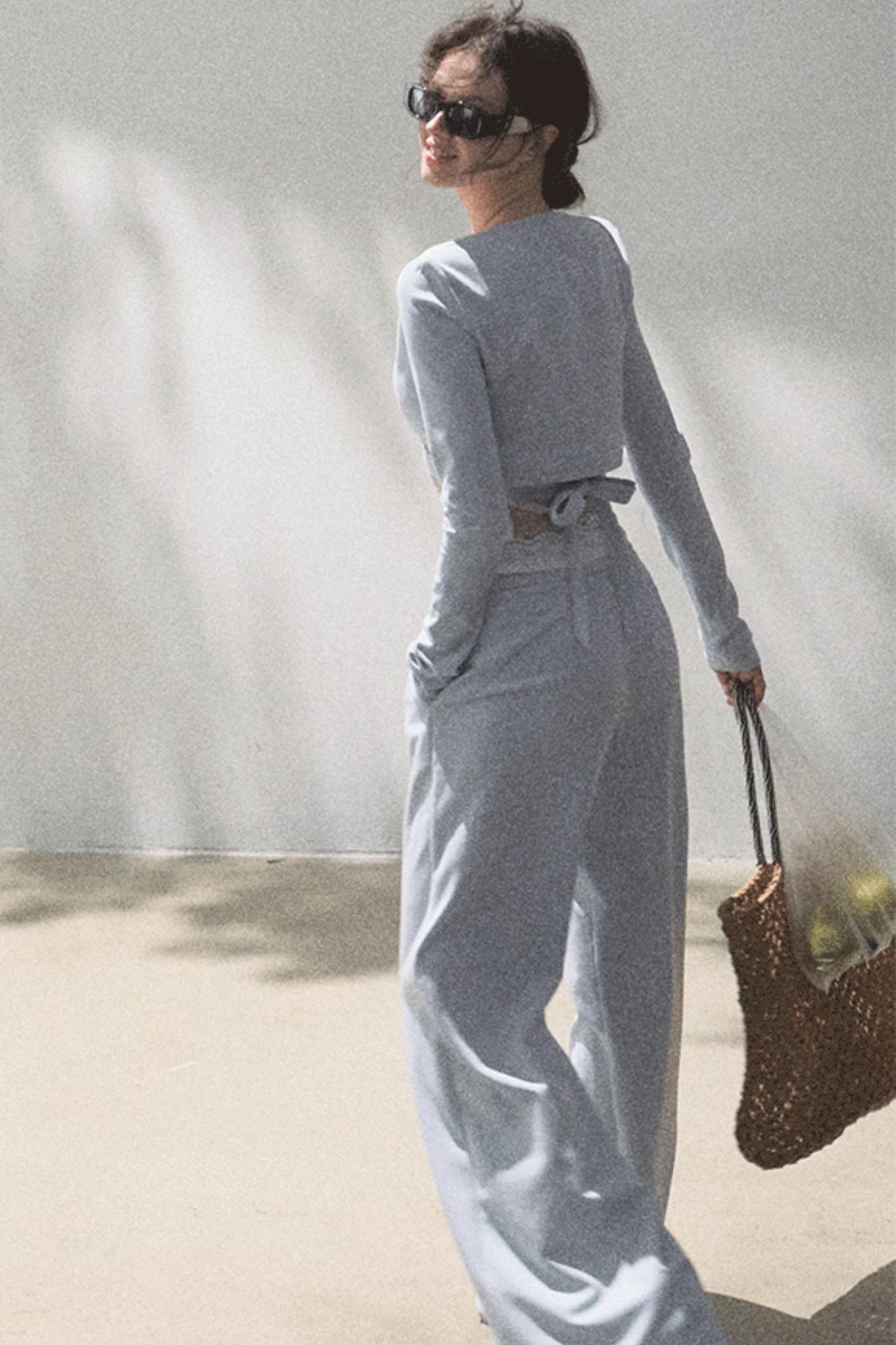 Lace-Up Top & Wide Leg Pants Set-Up