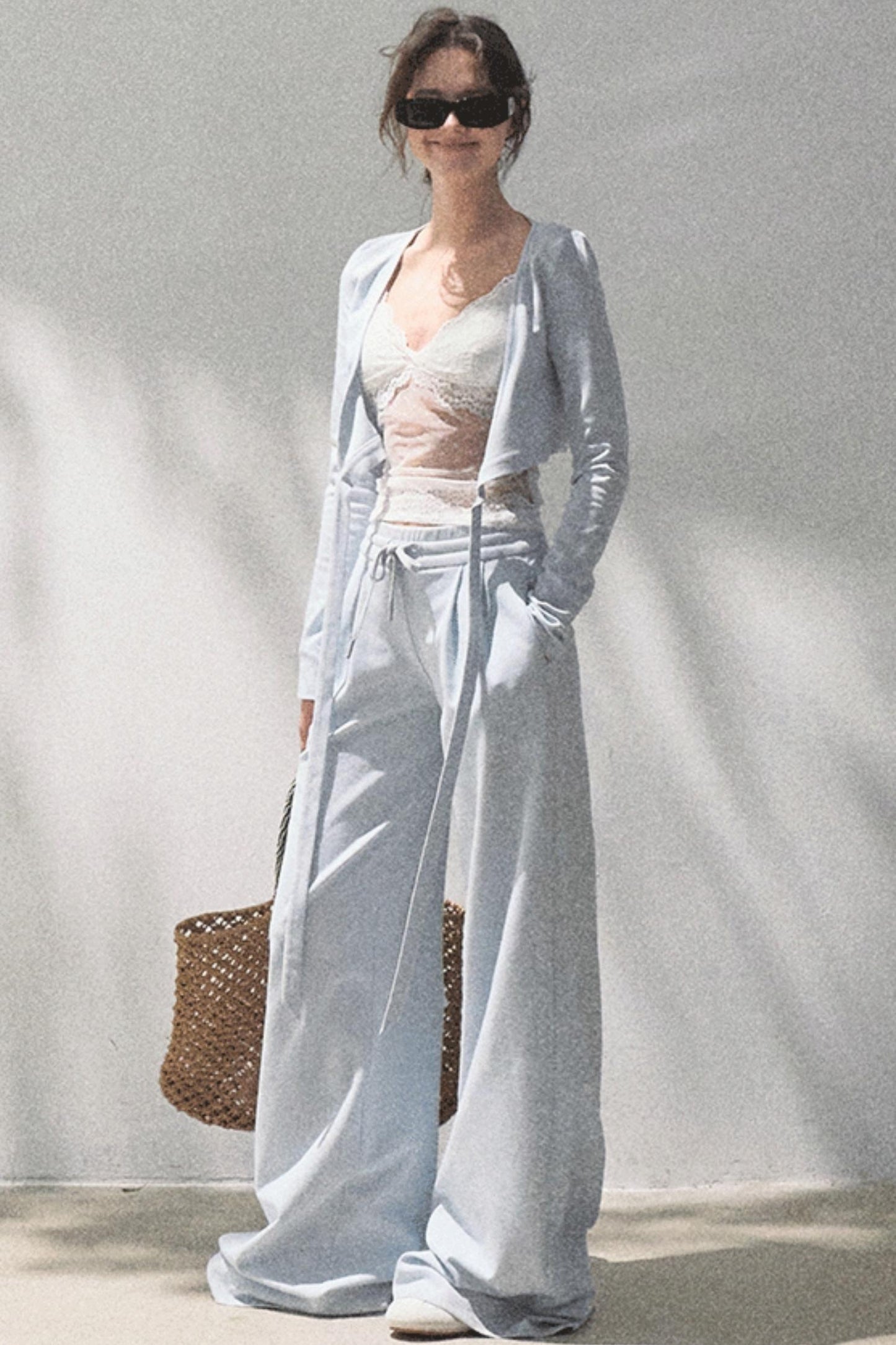 Lace-Up Top & Wide Leg Pants Set-Up