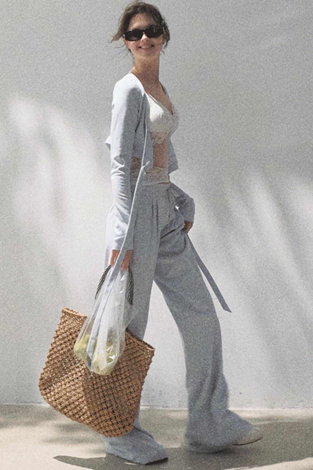 Lace-Up Top & Wide Leg Pants Set-Up