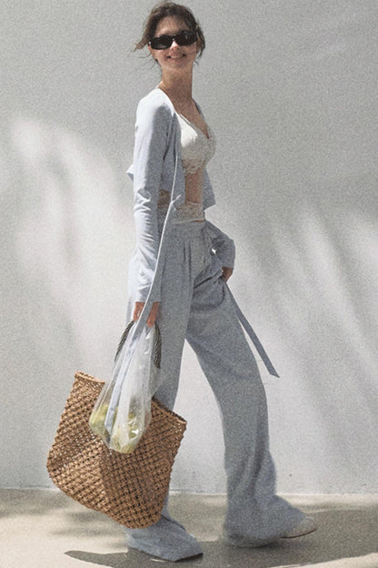 Lace-Up Top & Wide Leg Pants Set-Up