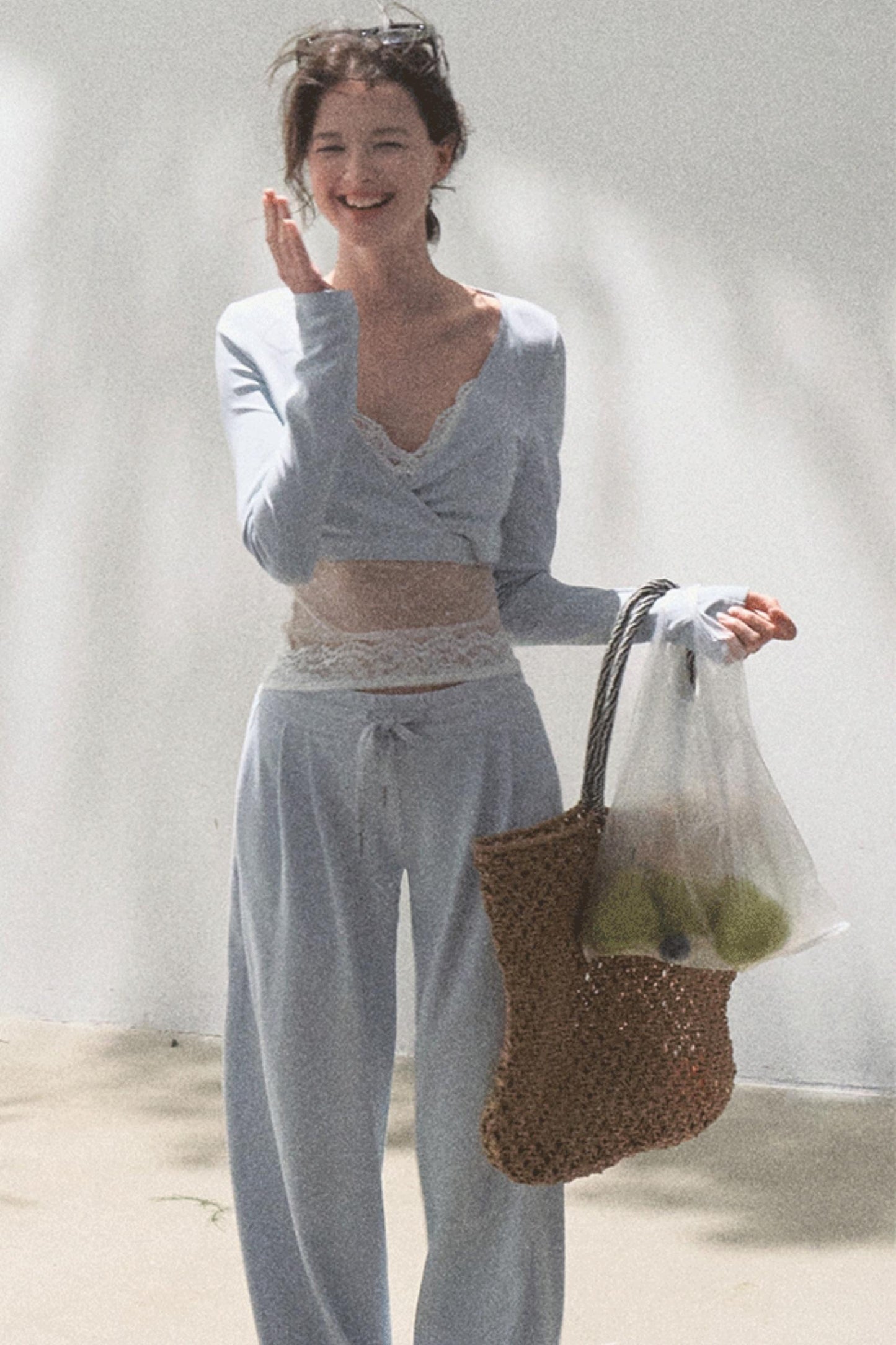 Lace-Up Top & Wide Leg Pants Set-Up