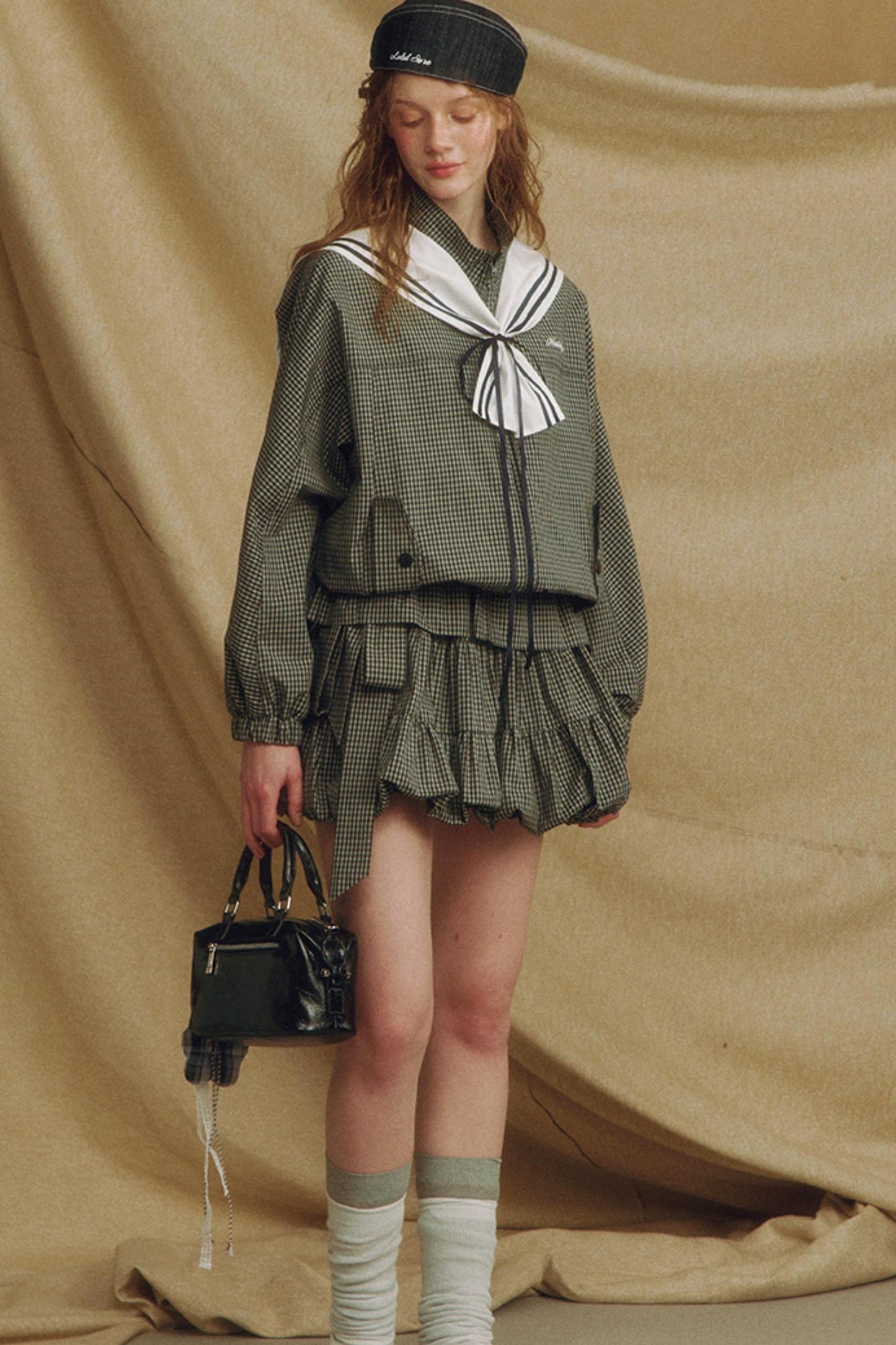 Navy Collar Plaid Jacket Set-Up