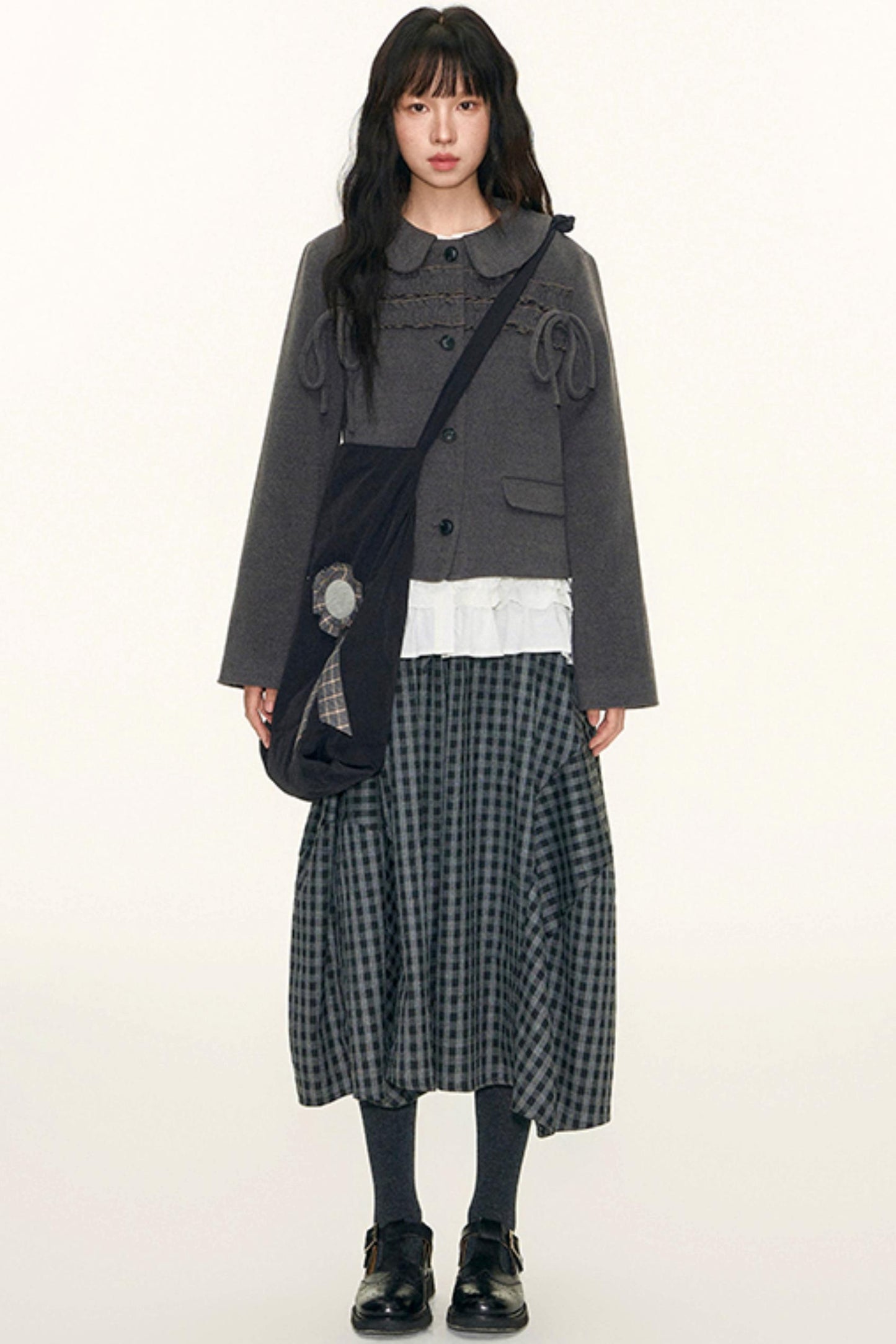 College Ruffle Woolen Suit Skirt Set-Up