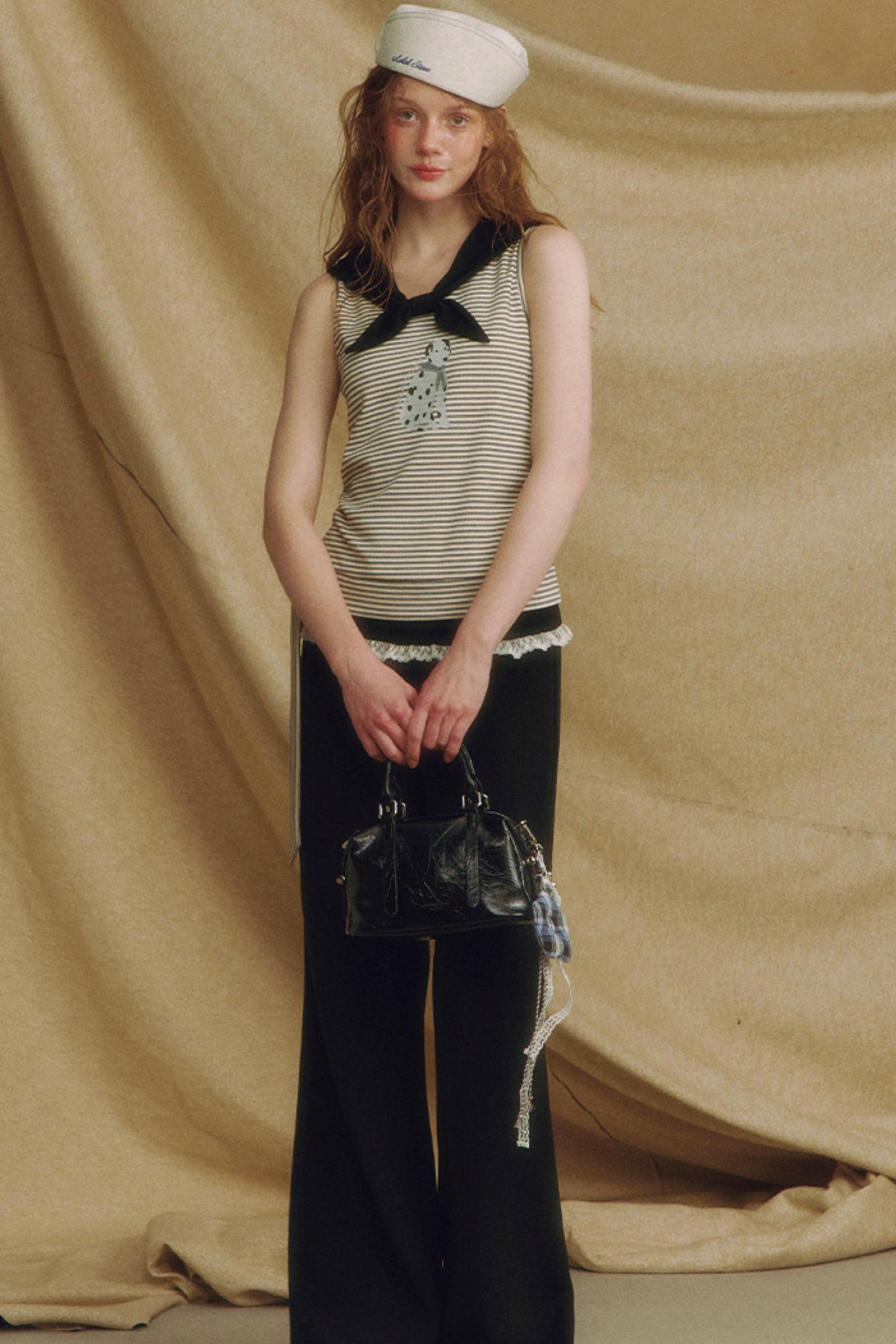 Puppy Print Bow-Striped Navy Tank Top