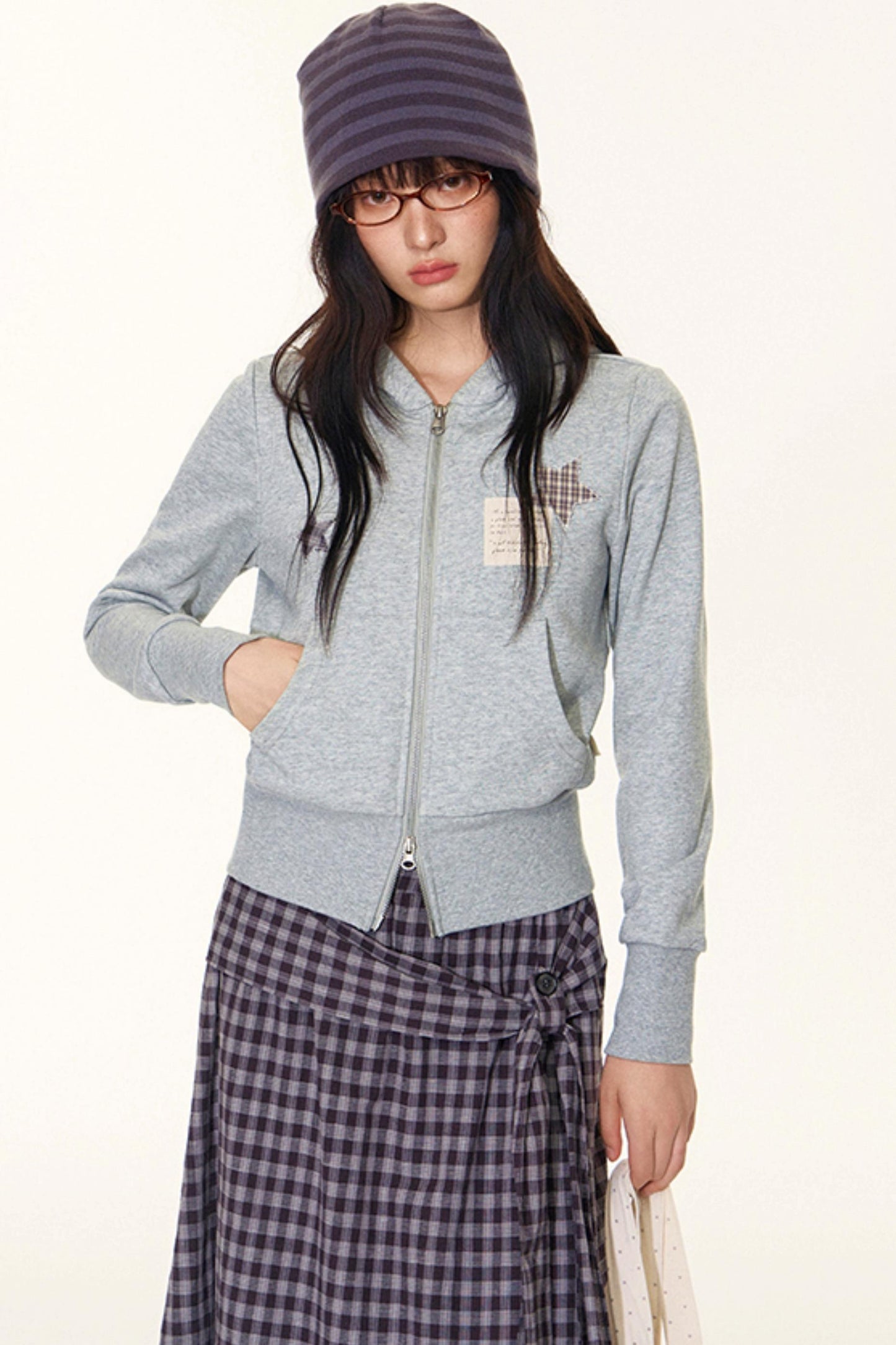 Star Patch Embroidered Hooded Cardigan Set-Up