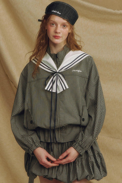 Navy Collar Plaid Jacket Set-Up