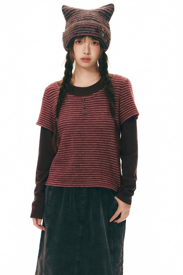 Brushed Stripe Round Neck Long Sleeve Top