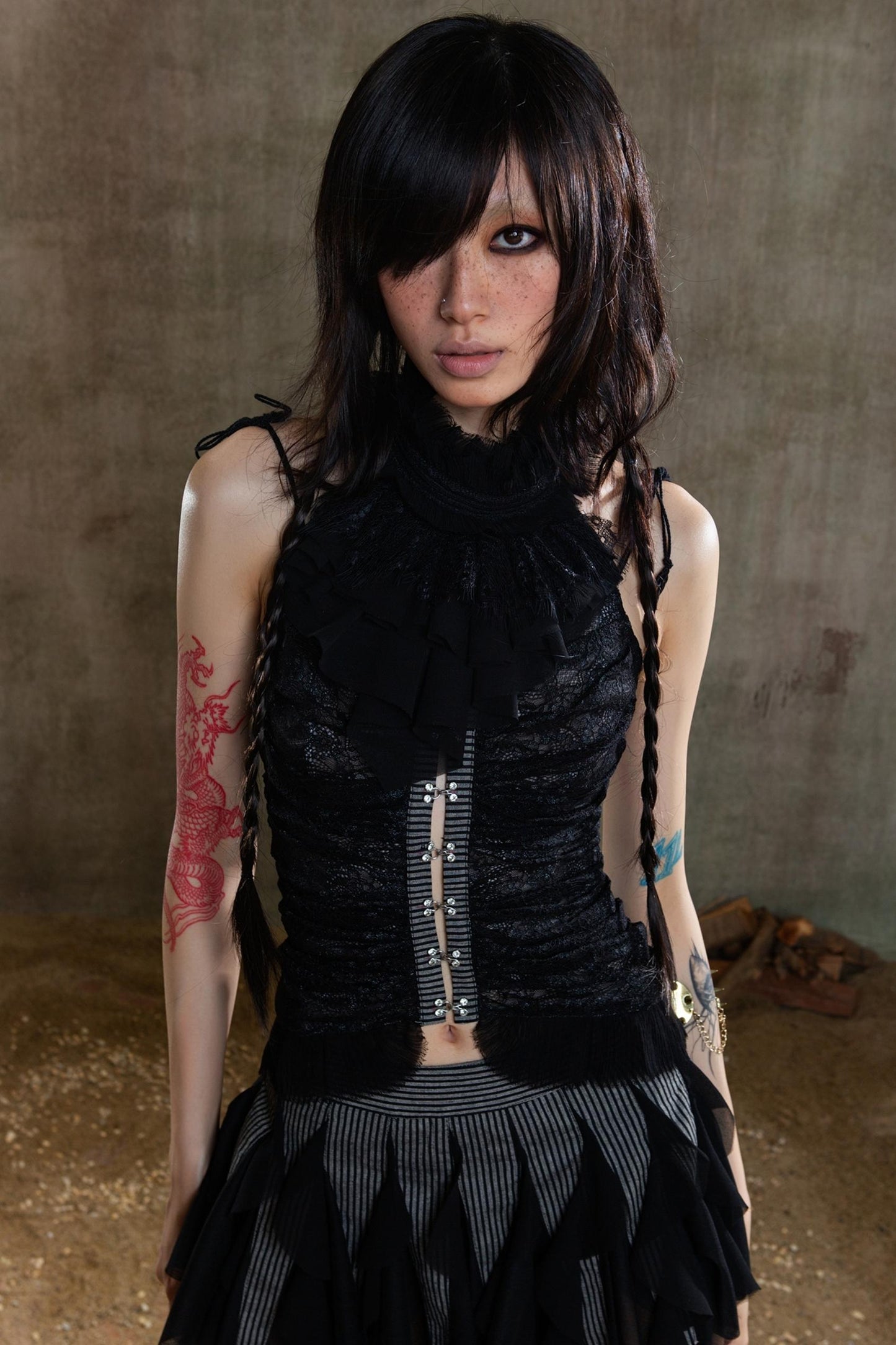 Necklace Accessory Multi-Ruched Lace Halter Top Set