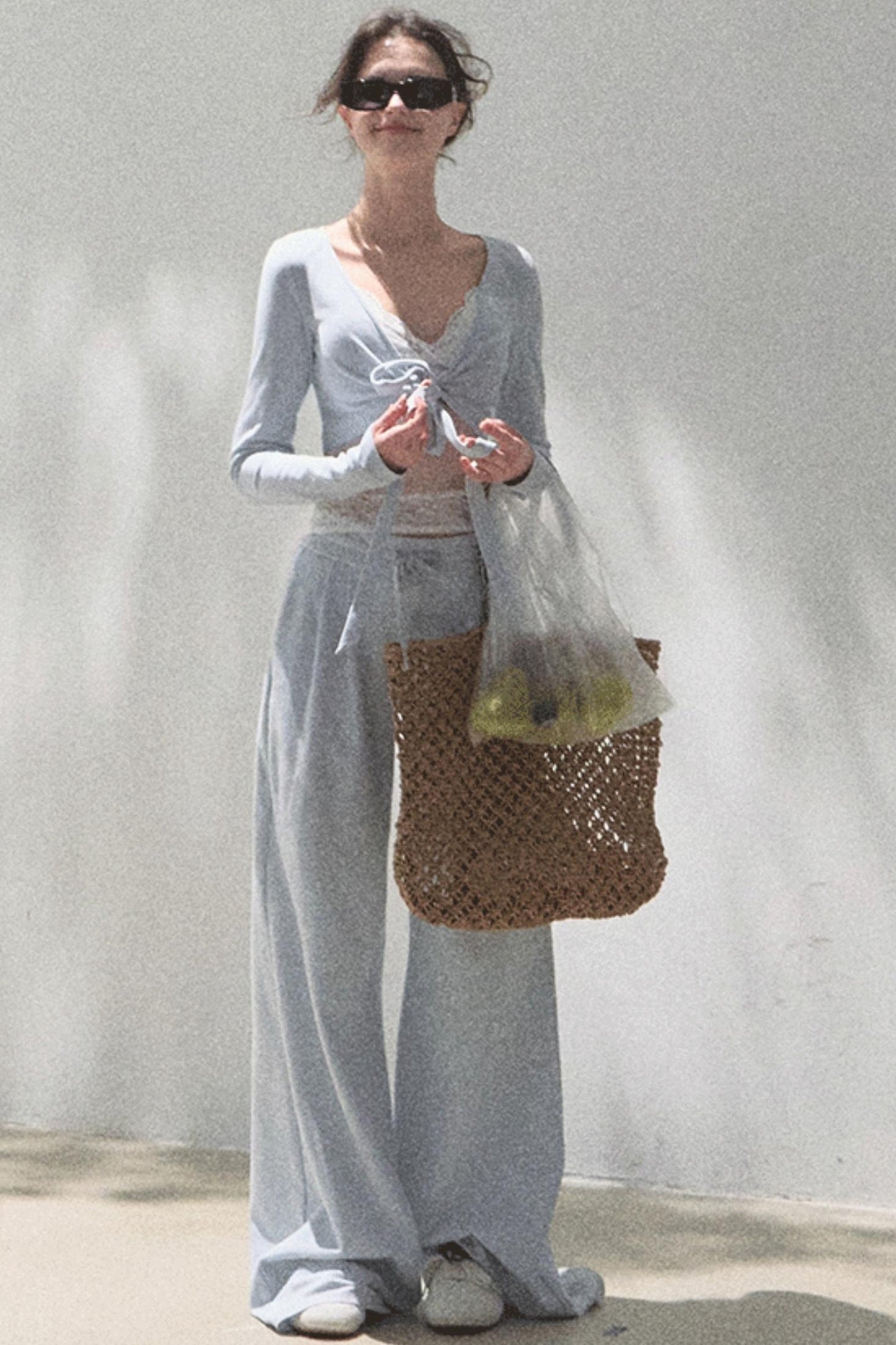 Lace-Up Top & Wide Leg Pants Set-Up