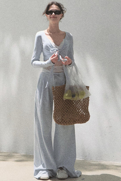 Lace-Up Top & Wide Leg Pants Set-Up