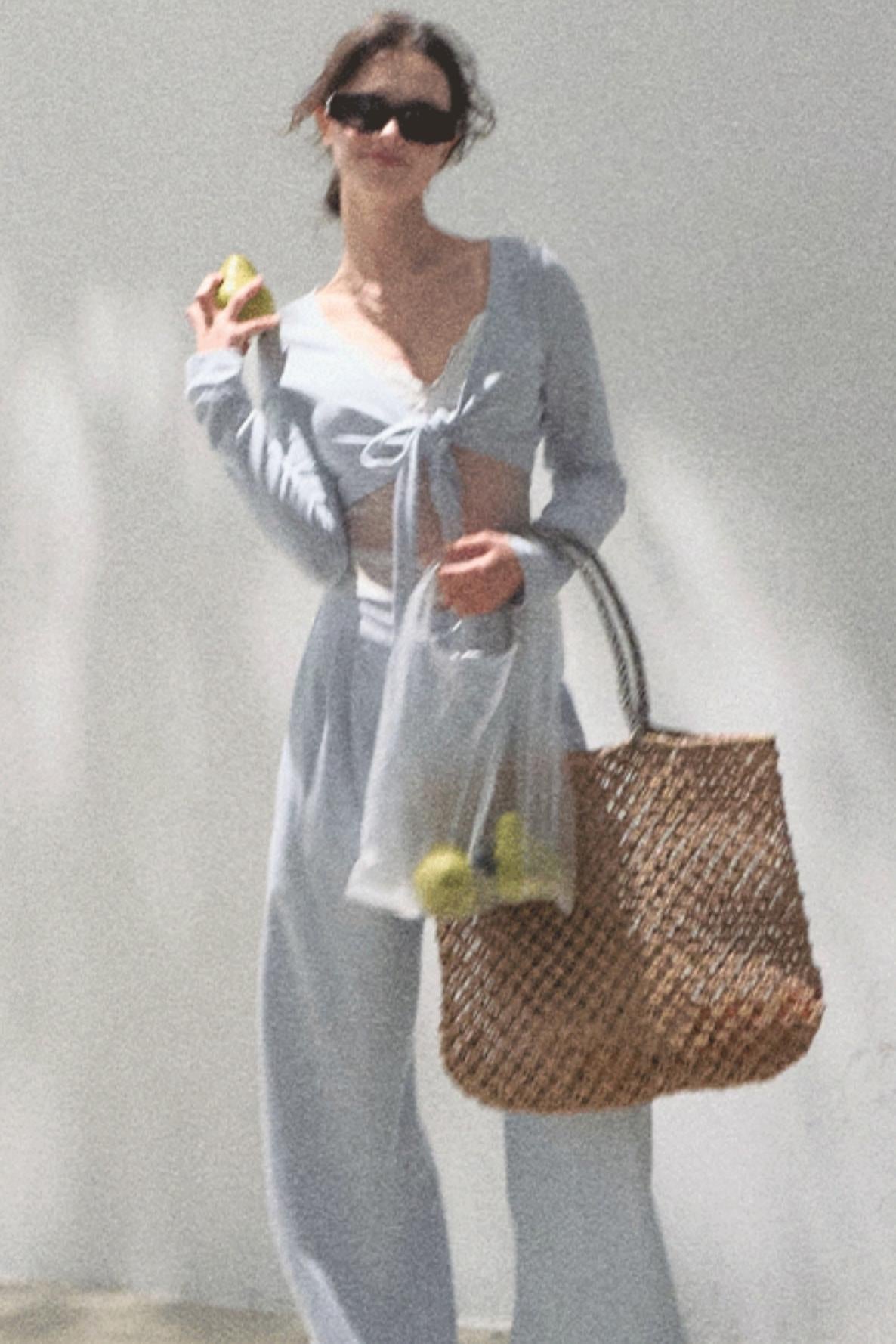 Lace-Up Top & Wide Leg Pants Set-Up