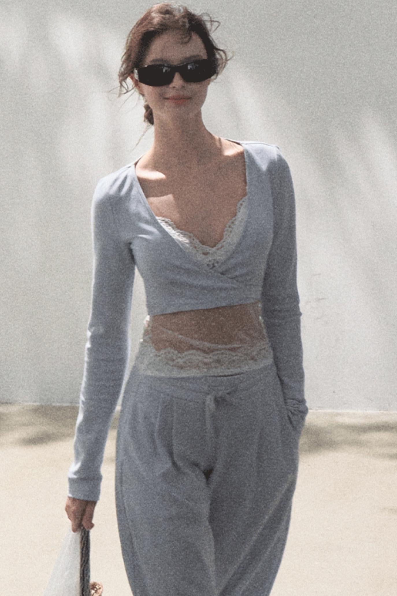 Lace-Up Top & Wide Leg Pants Set-Up