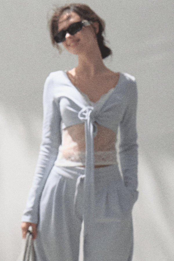 Lace-Up Top & Wide Leg Pants Set-Up