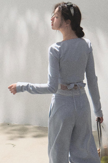 Lace-Up Top & Wide Leg Pants Set-Up