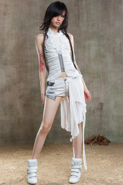 Necklace Accessory Multi-Ruched Lace Halter Top Set