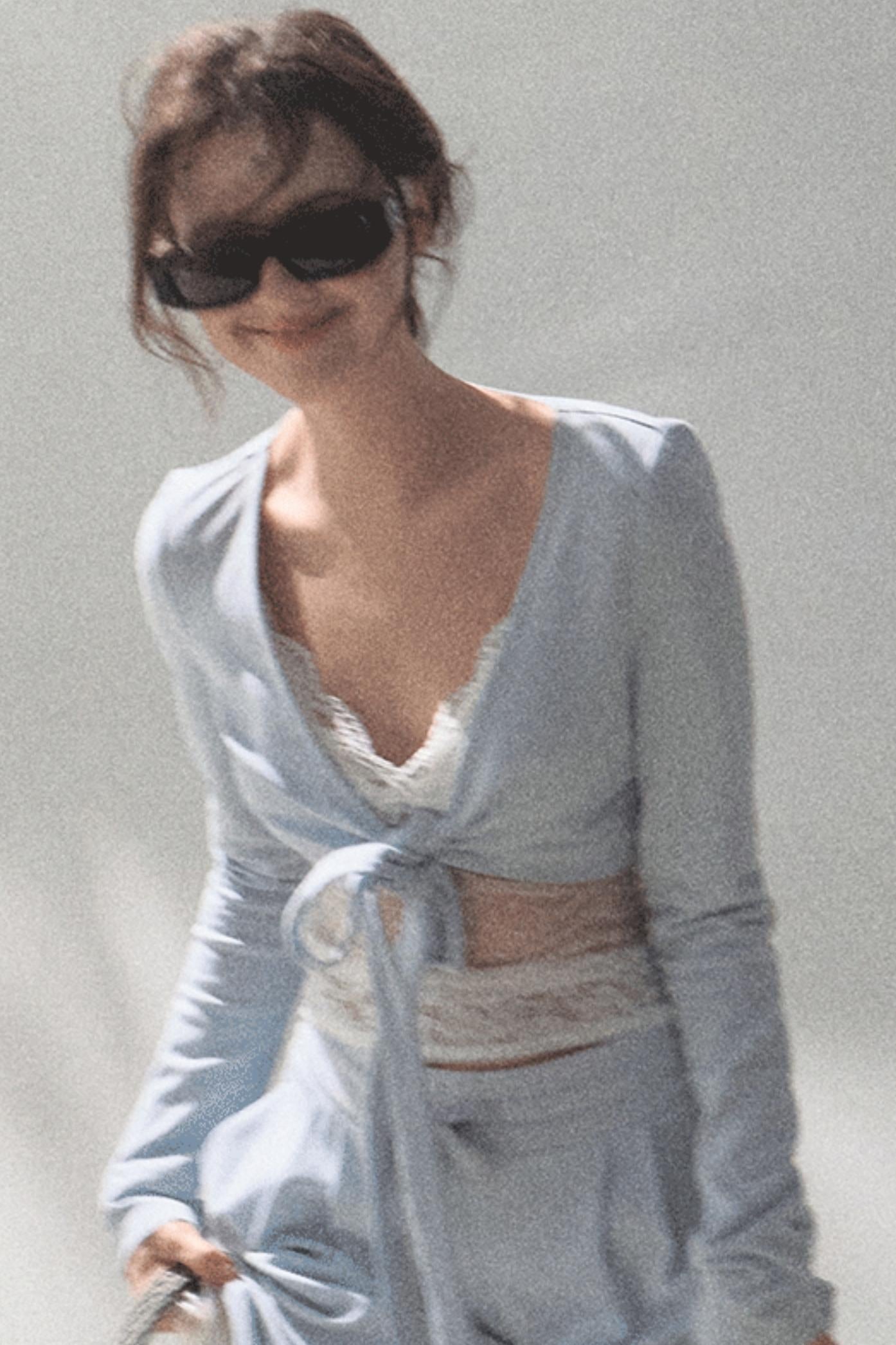 Lace-Up Top & Wide Leg Pants Set-Up