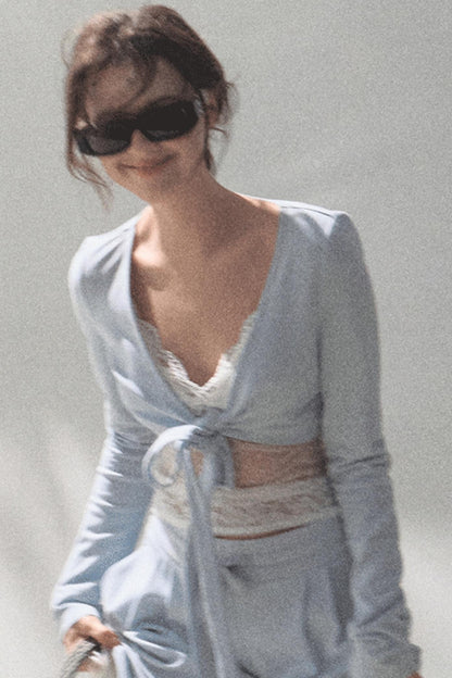 Lace-Up Top & Wide Leg Pants Set-Up