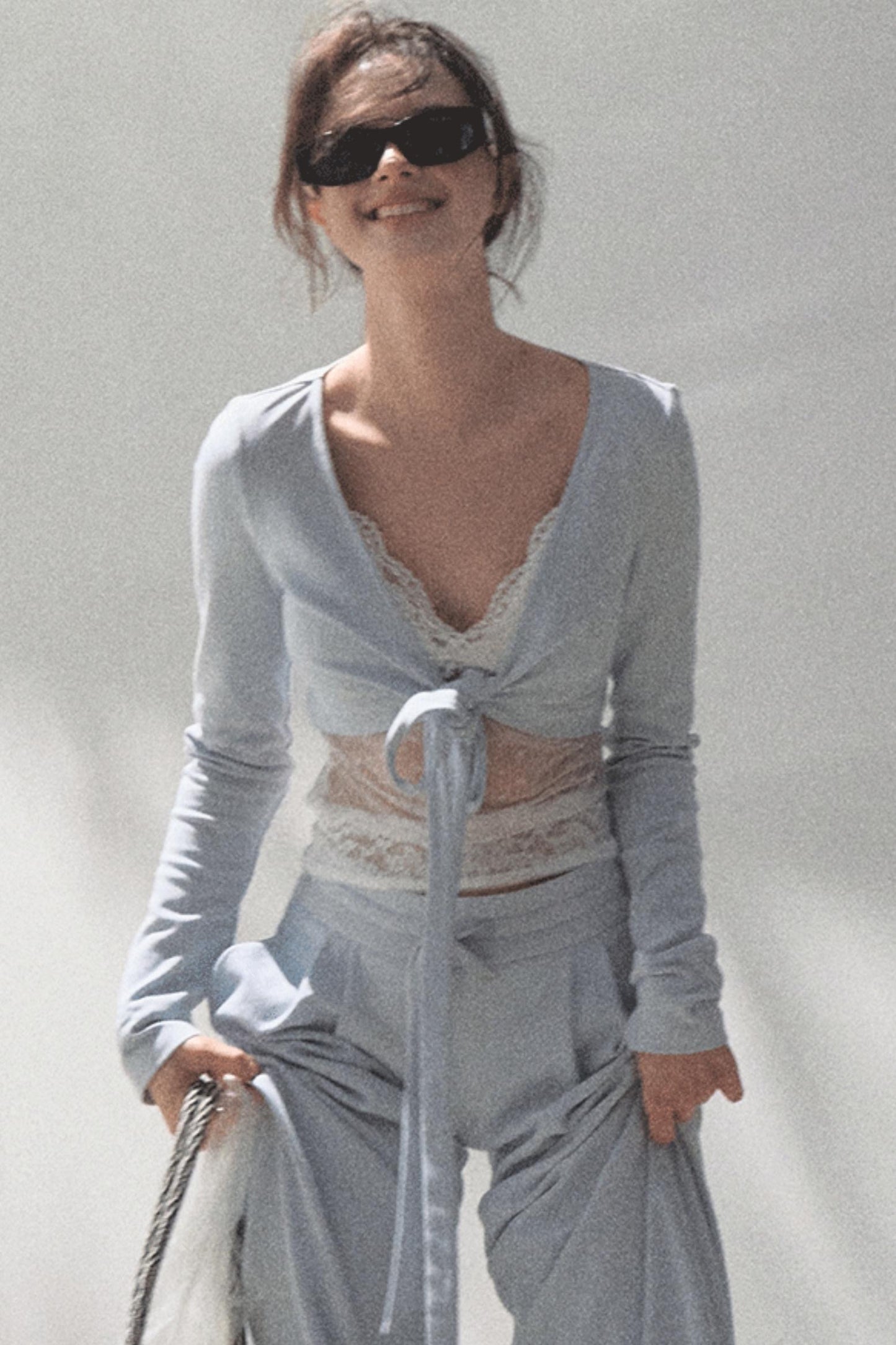 Lace-Up Top & Wide Leg Pants Set-Up