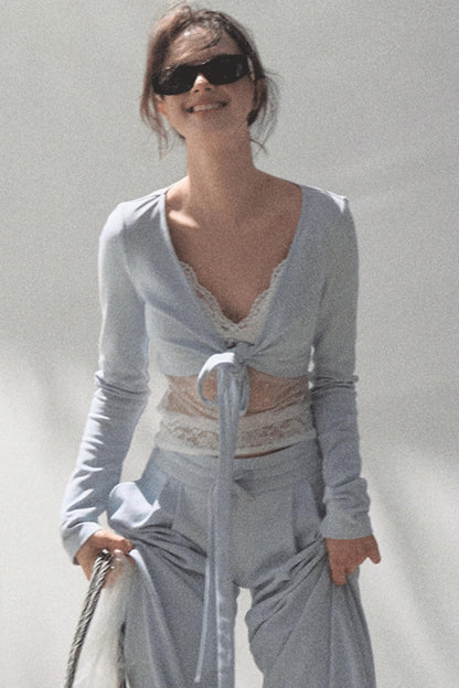 Lace-Up Top & Wide Leg Pants Set-Up