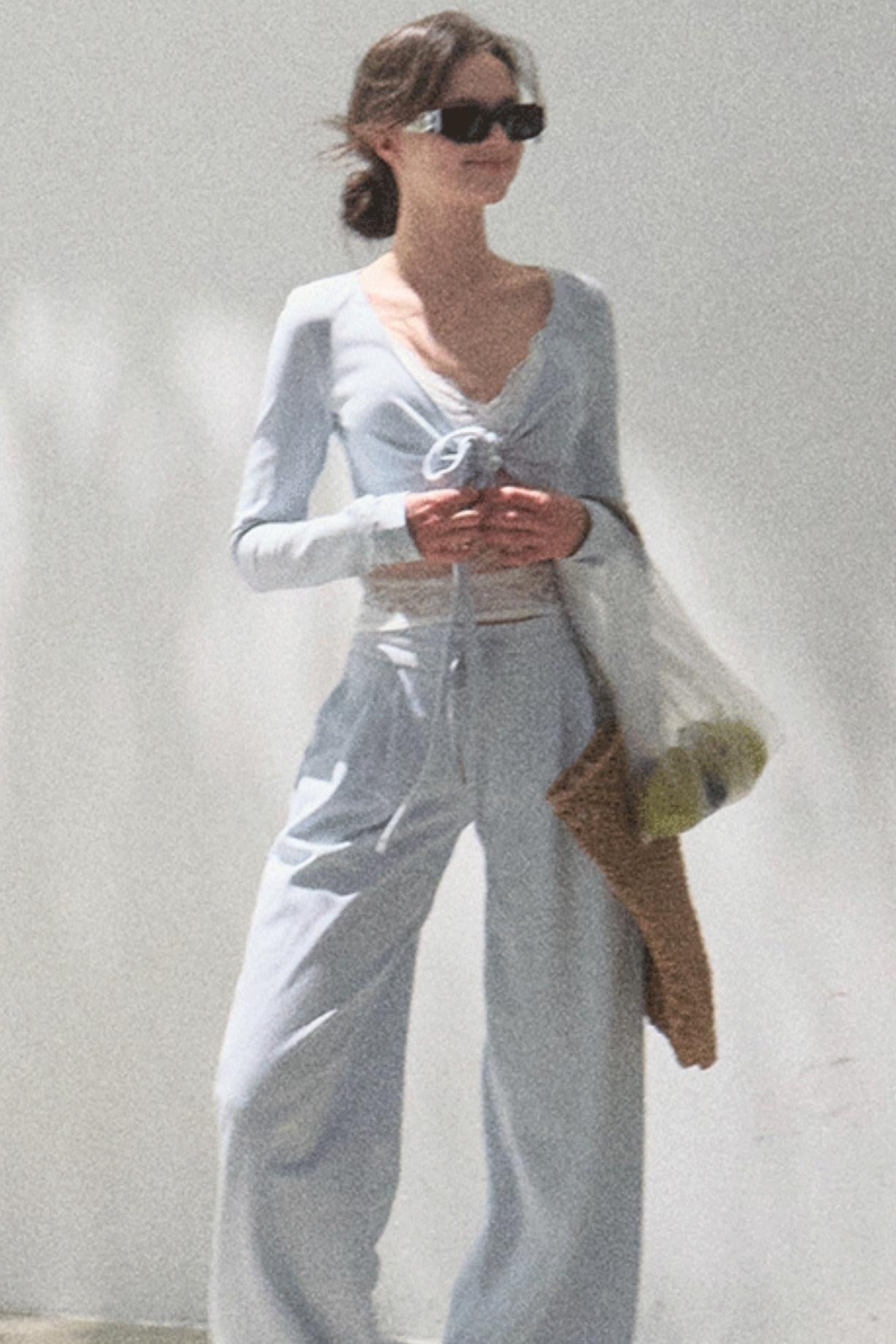 Lace-Up Top & Wide Leg Pants Set-Up