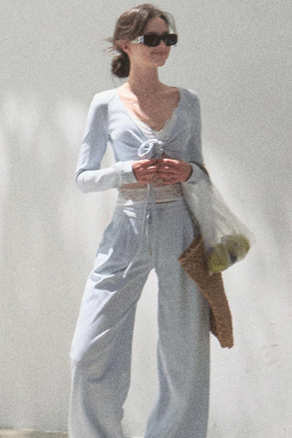 Lace-Up Top & Wide Leg Pants Set-Up