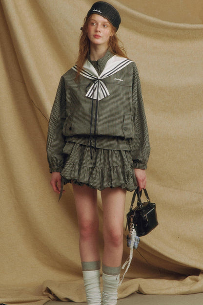 Navy Collar Plaid Jacket Set-Up