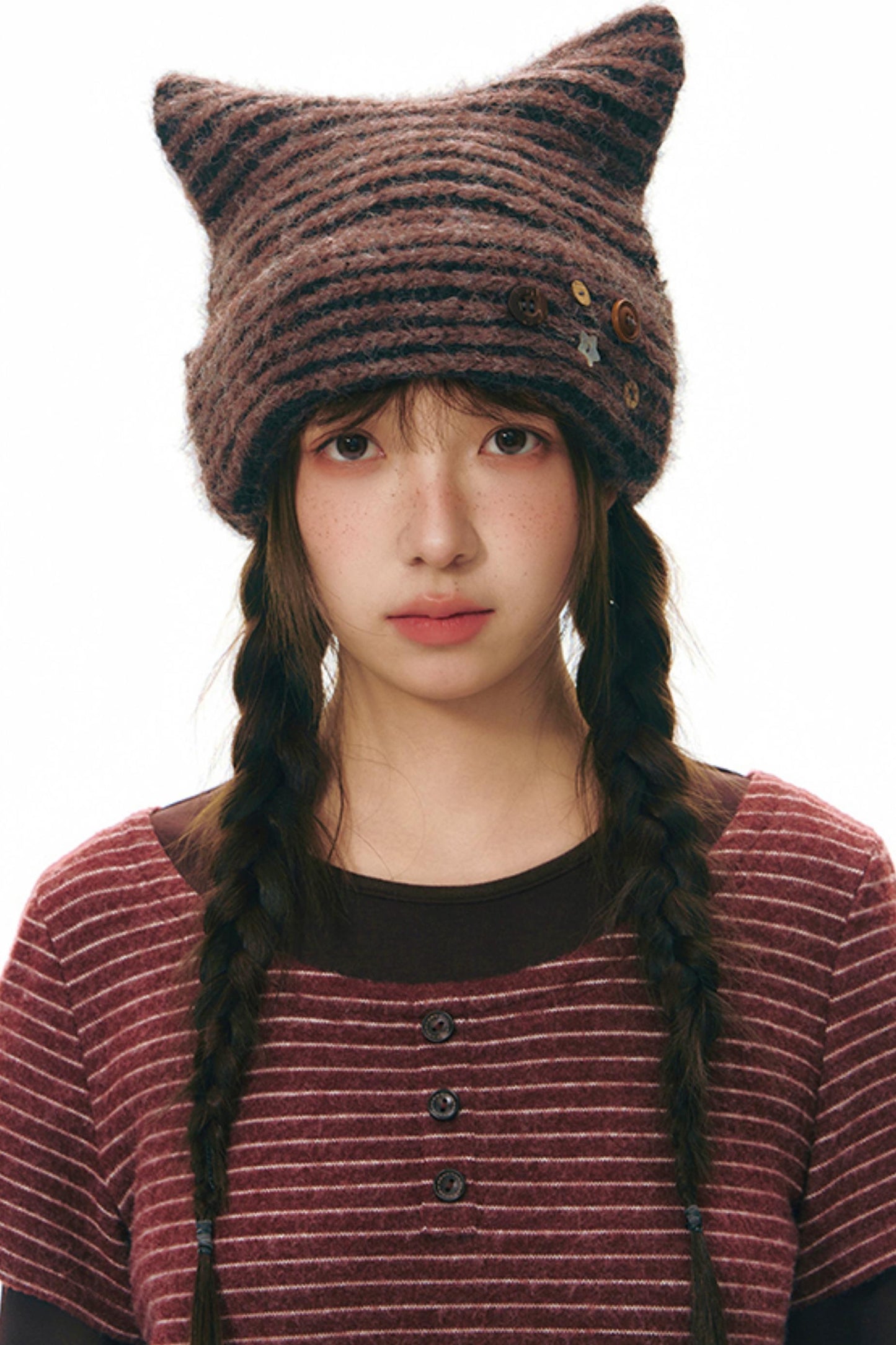 Striped Cat Ear Knit Hat