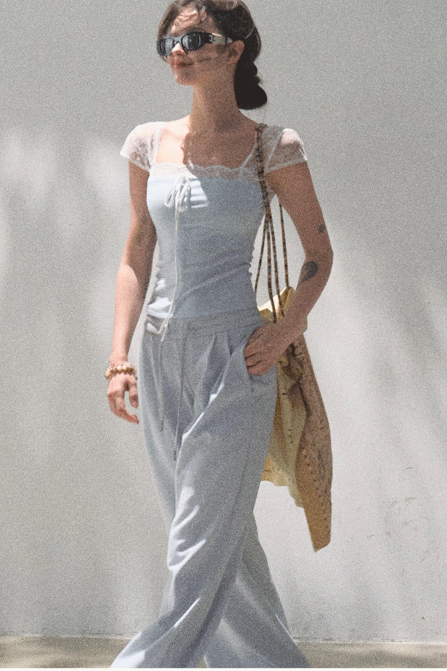 Lace-Up Top & Wide Leg Pants Set-Up