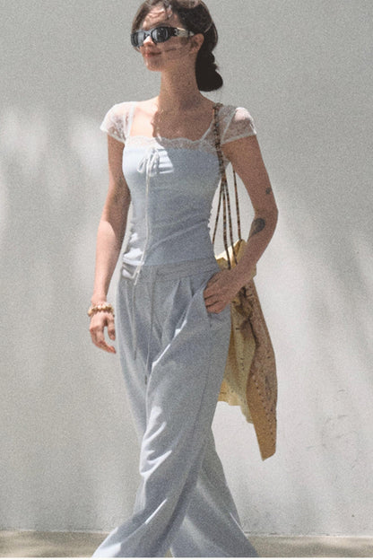 Lace-Up Top & Wide Leg Pants Set-Up