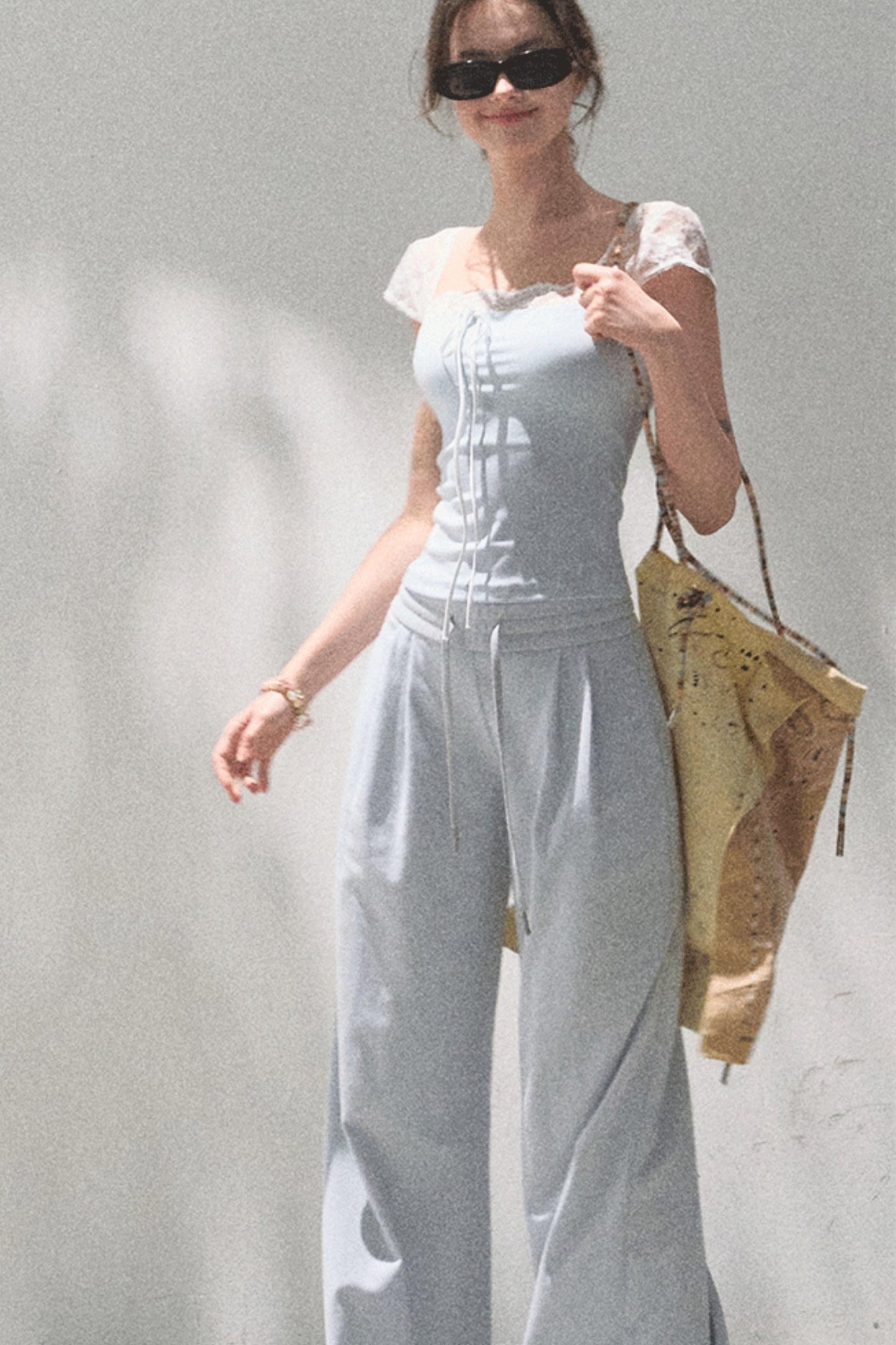 Lace-Up Top & Wide Leg Pants Set-Up