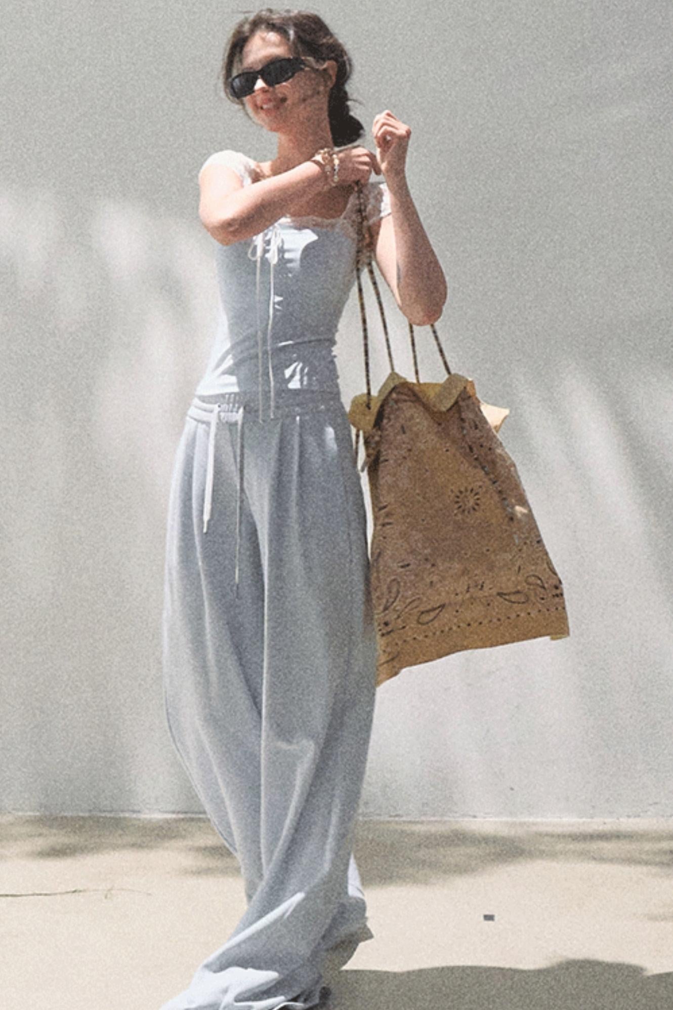 Lace-Up Top & Wide Leg Pants Set-Up