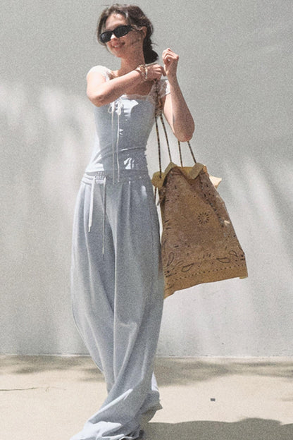 Lace-Up Top & Wide Leg Pants Set-Up