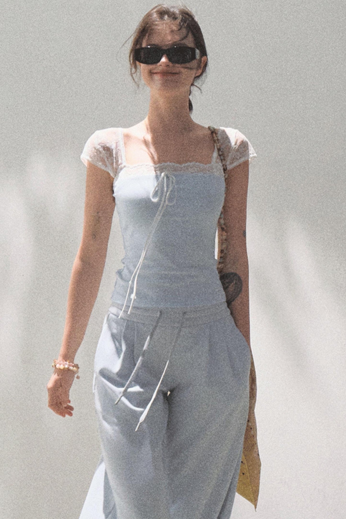 Lace-Up Top & Wide Leg Pants Set-Up