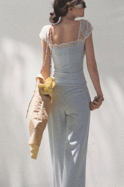 Lace-Up Top & Wide Leg Pants Set-Up