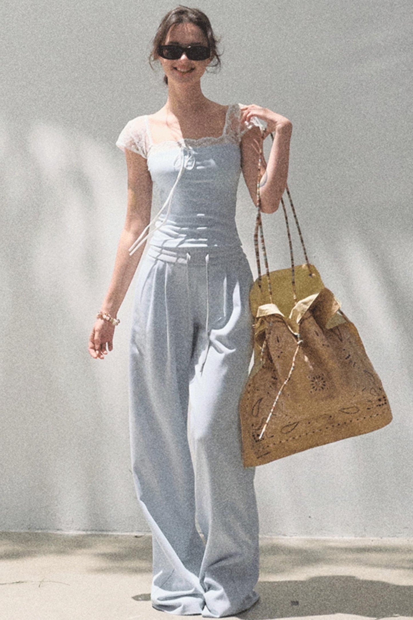 Lace-Up Top & Wide Leg Pants Set-Up