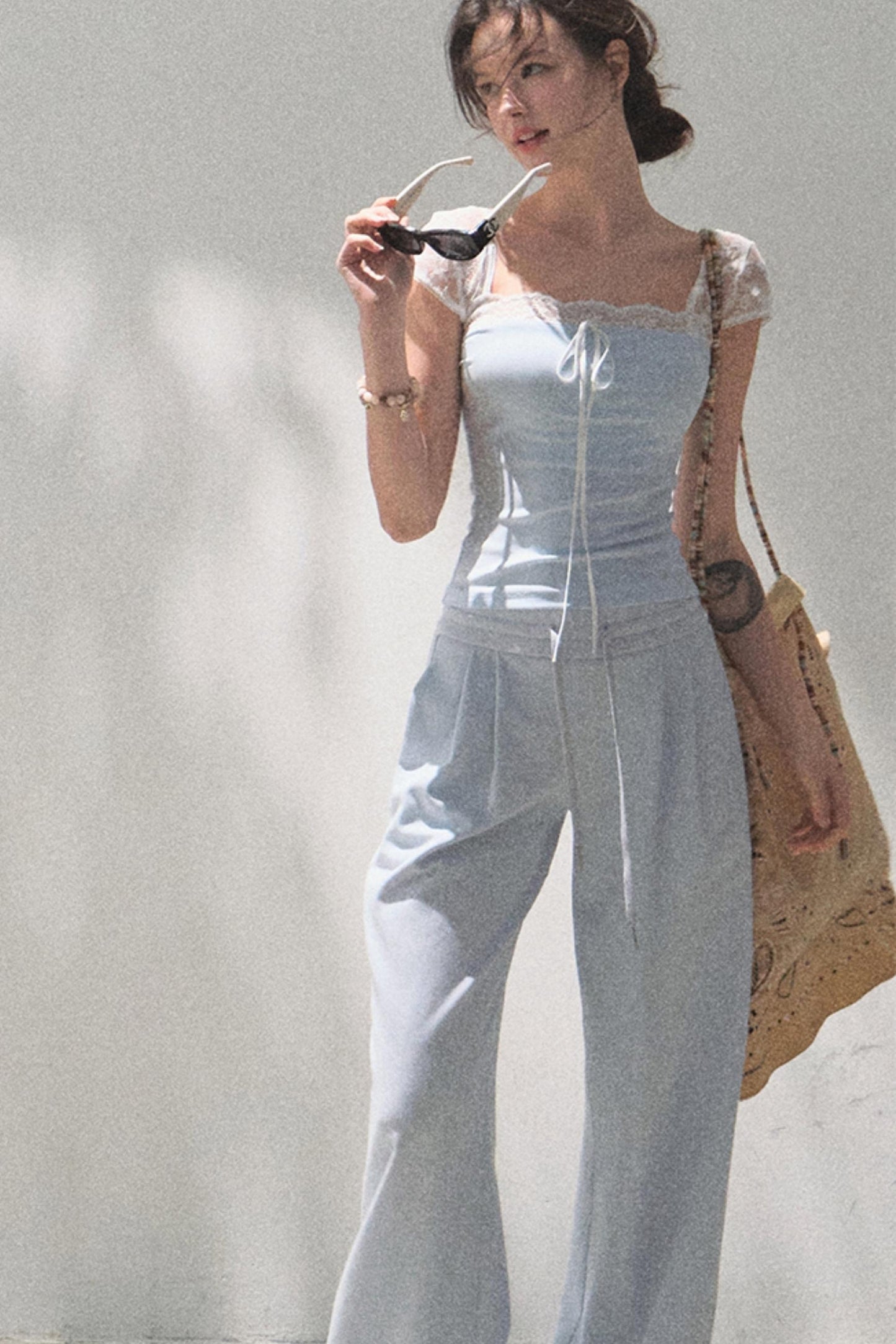 Lace-Up Top & Wide Leg Pants Set-Up