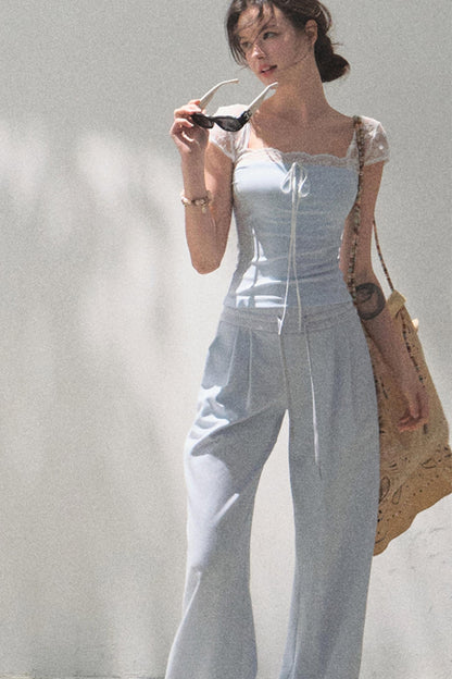 Lace-Up Top & Wide Leg Pants Set-Up