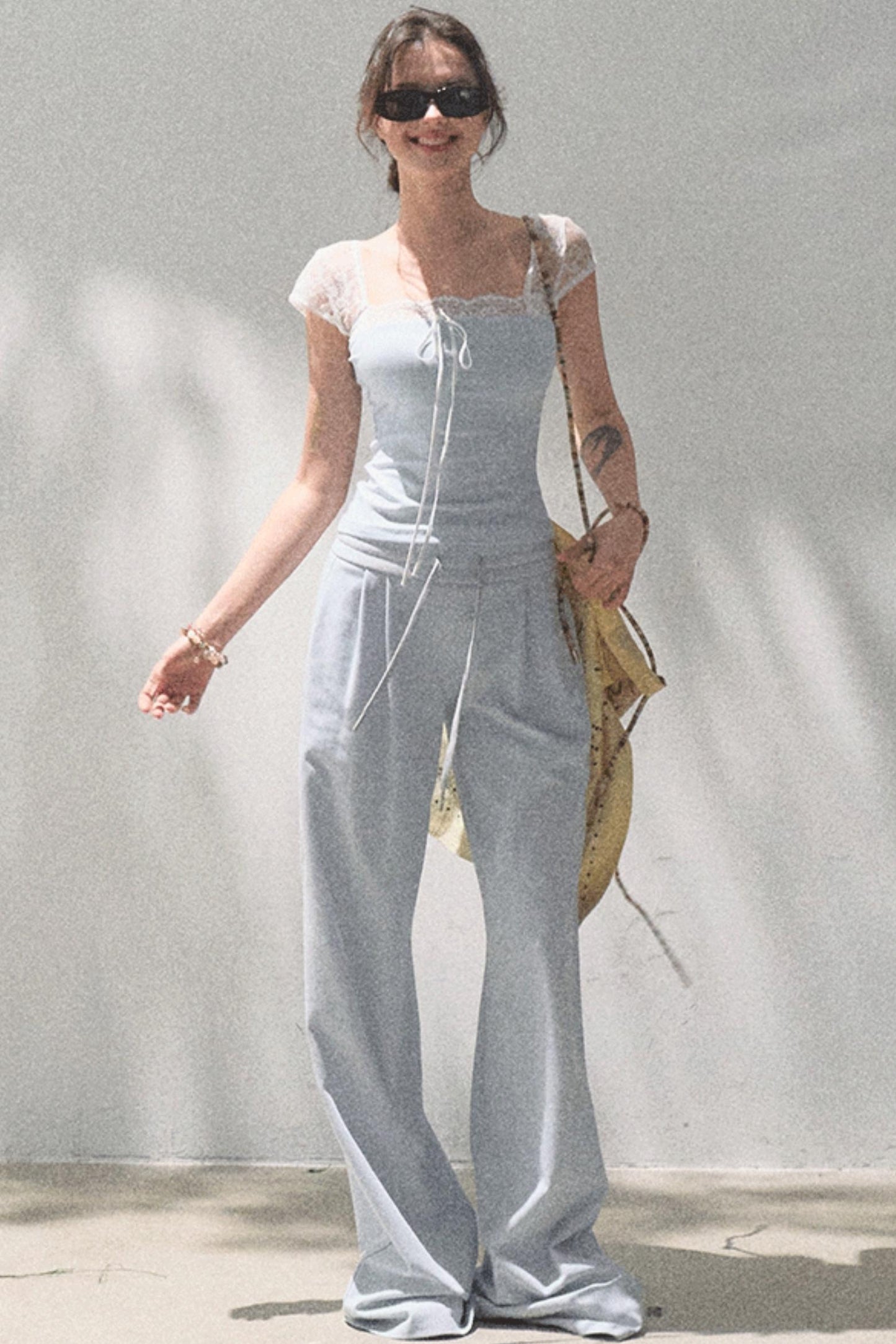 Lace-Up Top & Wide Leg Pants Set-Up