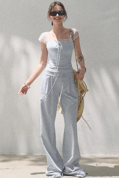 Lace-Up Top & Wide Leg Pants Set-Up