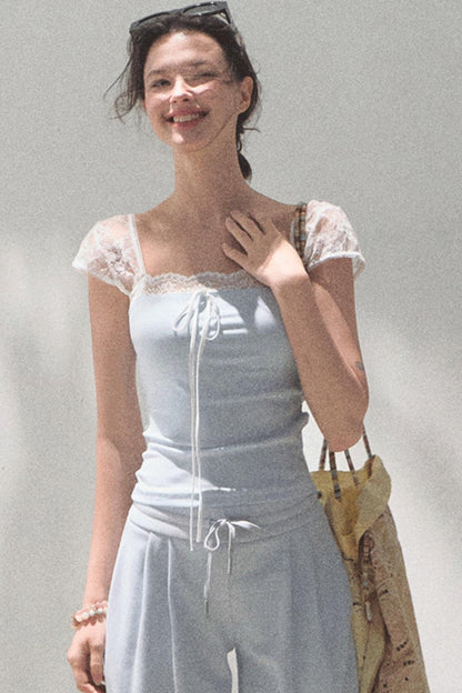 Lace-Up Top & Wide Leg Pants Set-Up