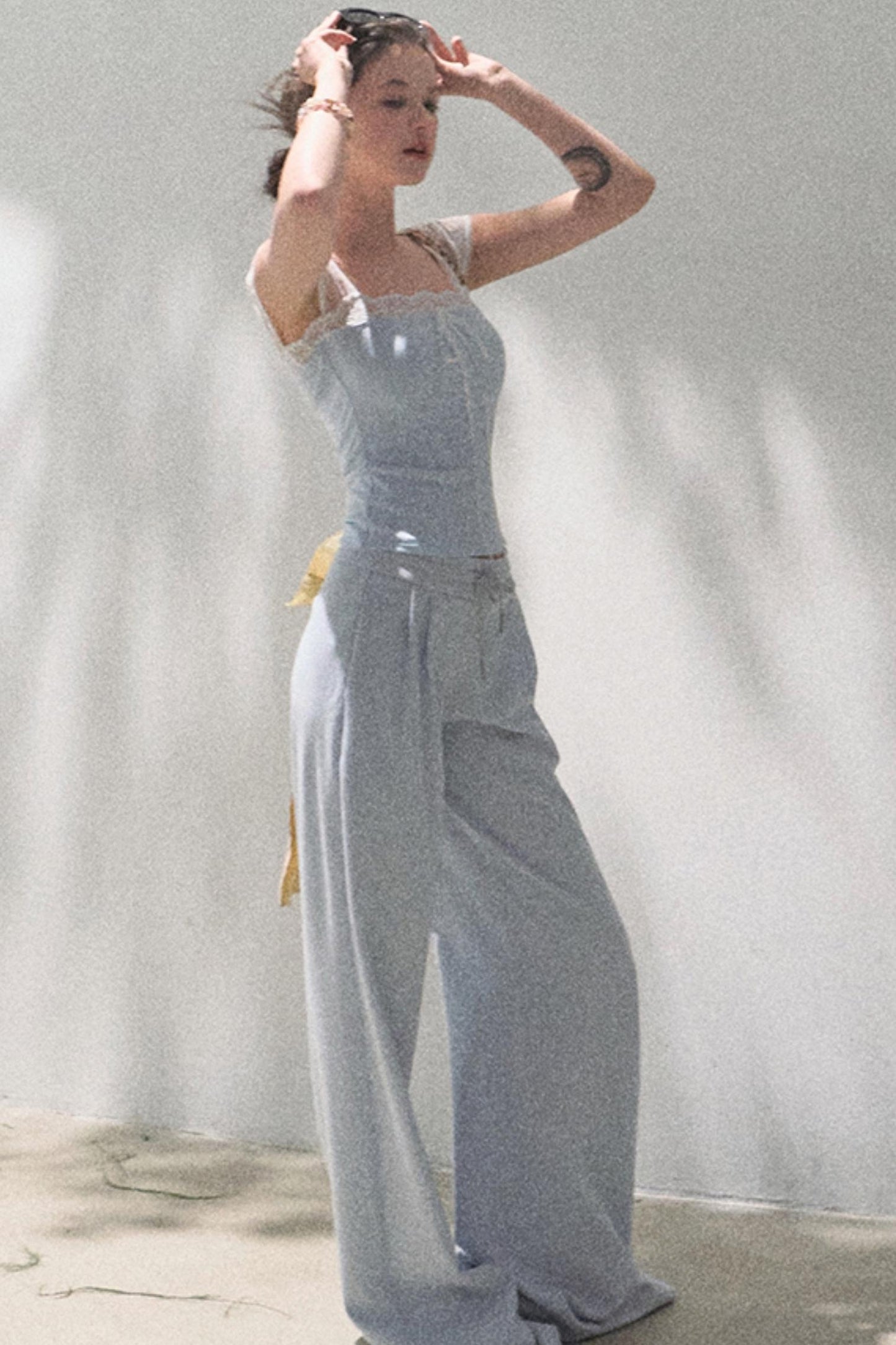 Lace-Up Top & Wide Leg Pants Set-Up