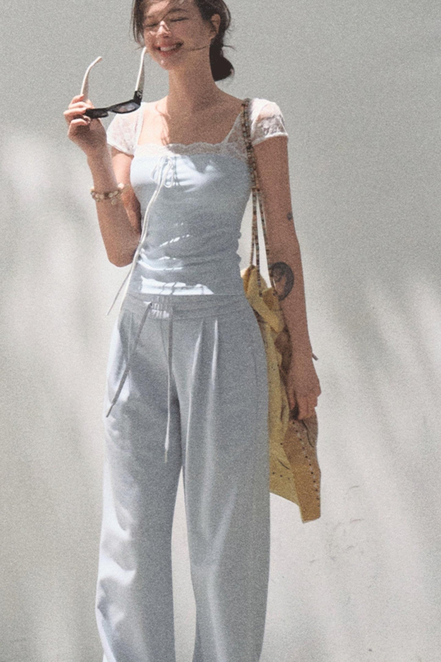 Lace-Up Top & Wide Leg Pants Set-Up