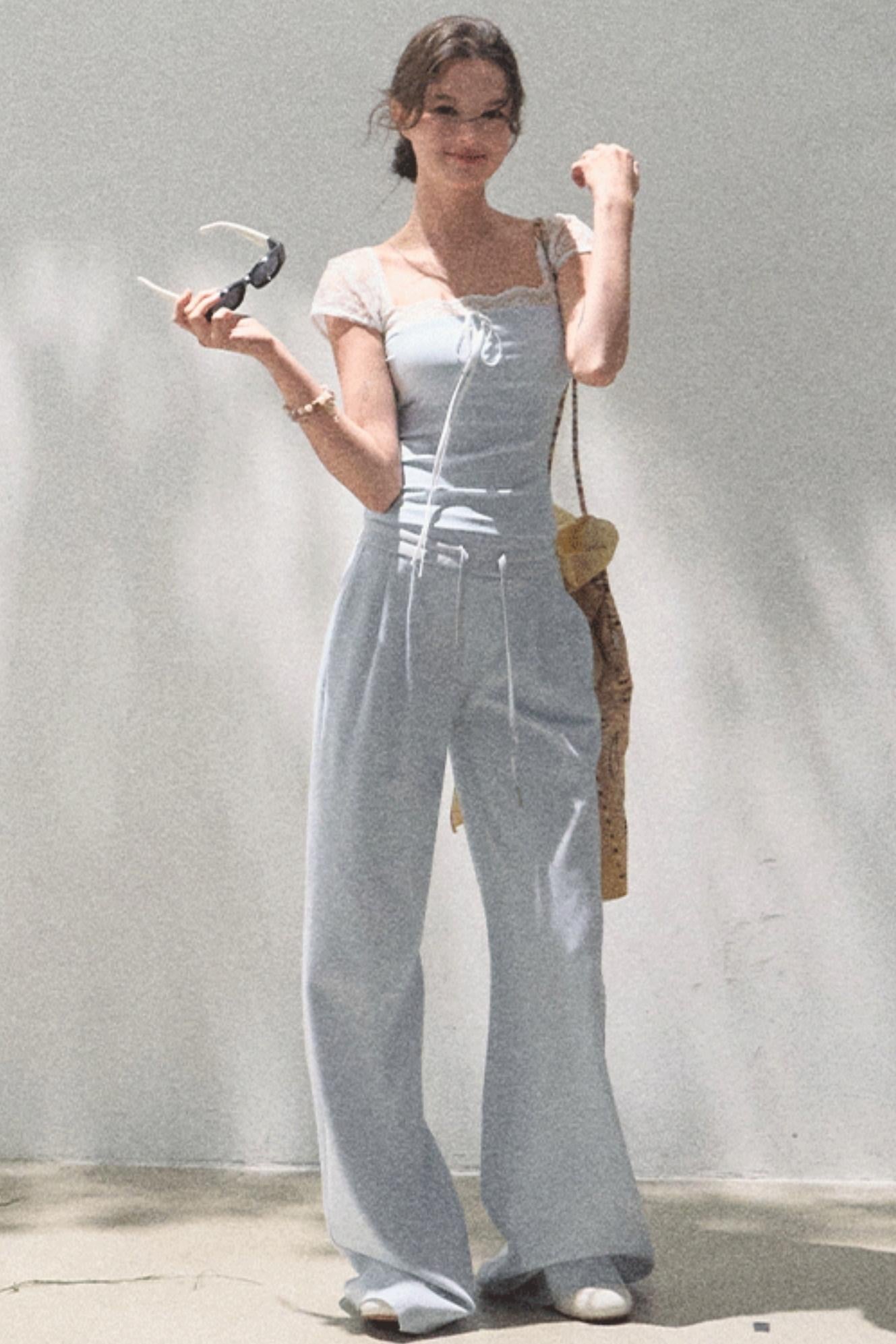 Lace-Up Top & Wide Leg Pants Set-Up