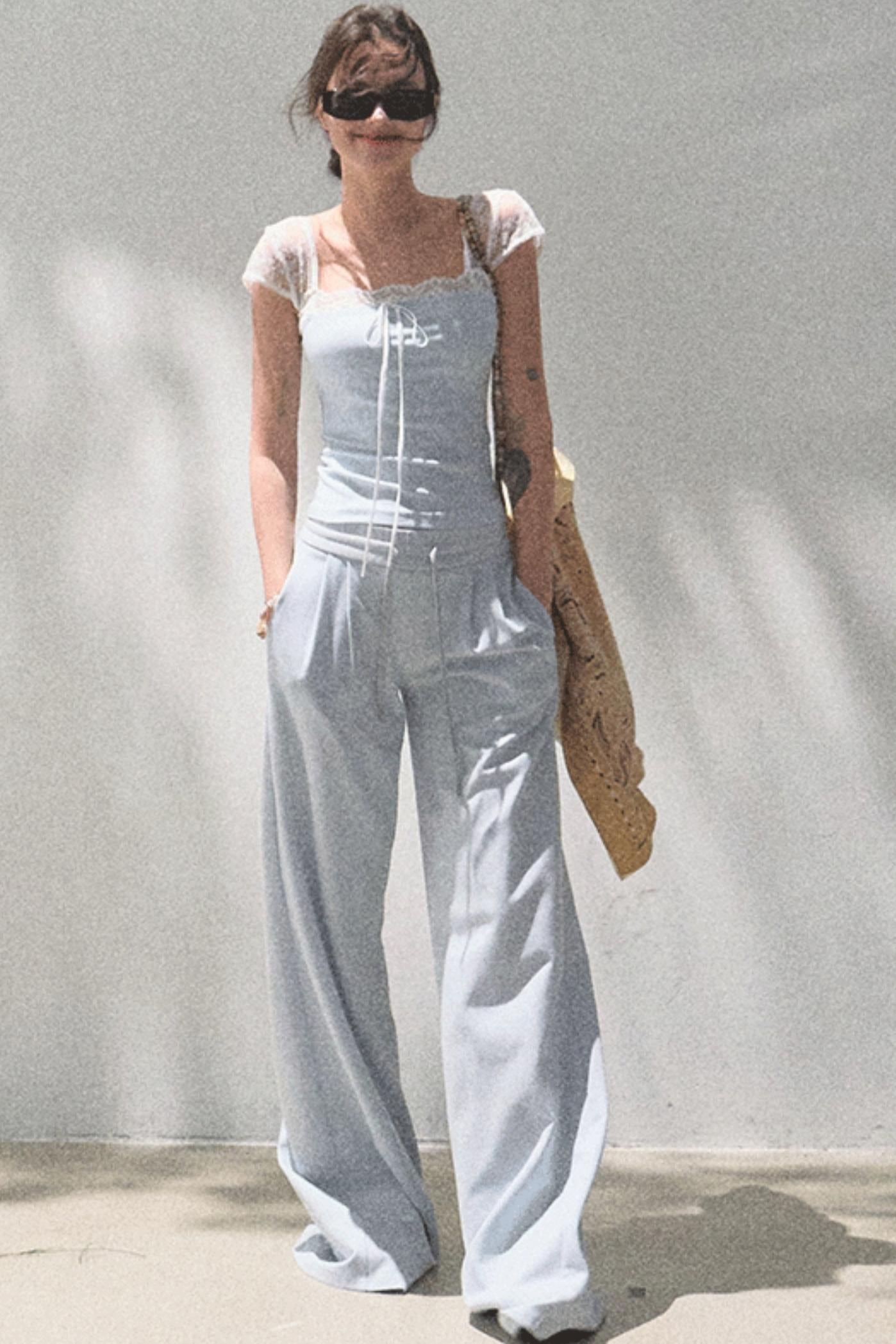 Lace-Up Top & Wide Leg Pants Set-Up