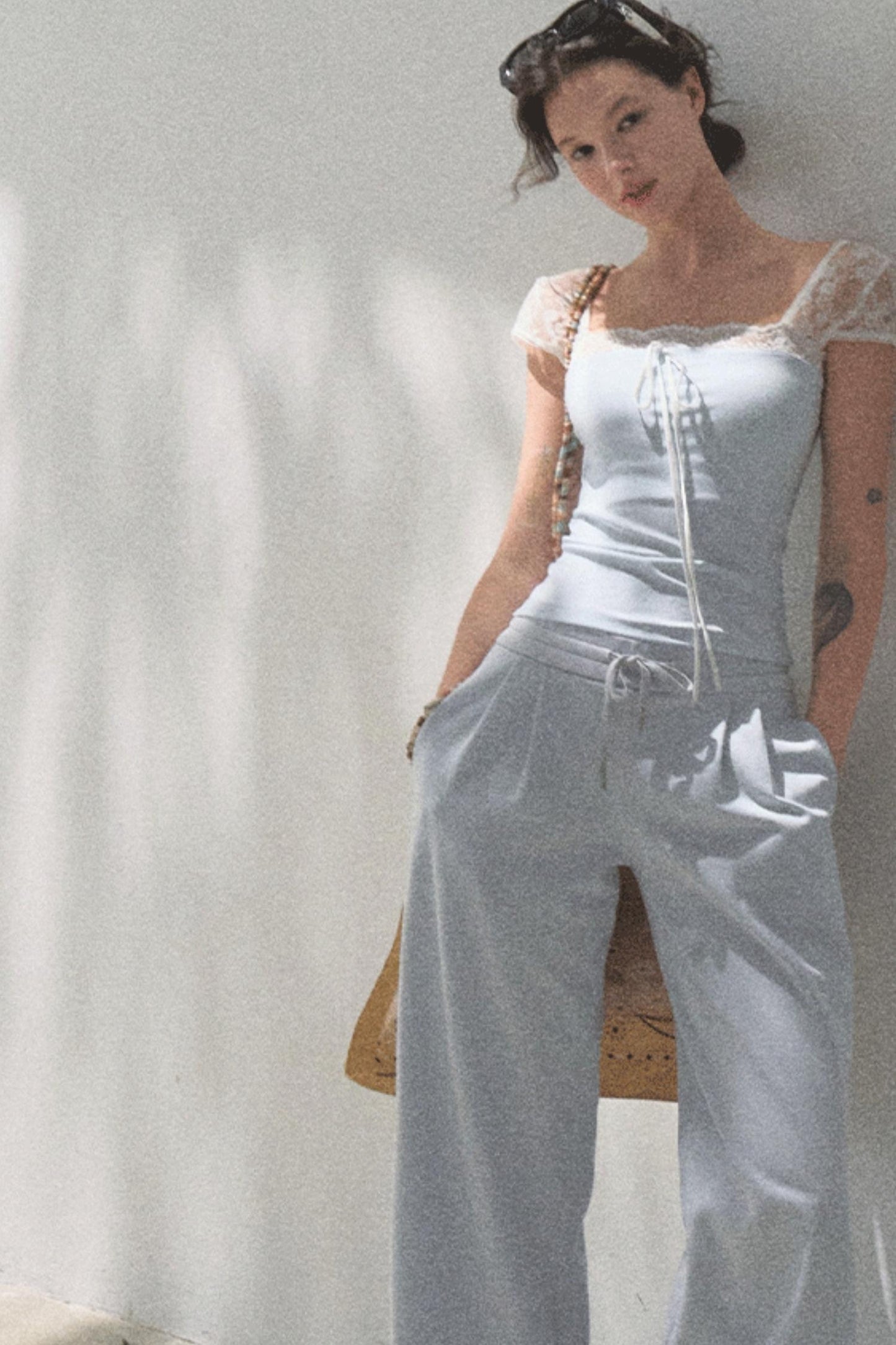 Lace-Up Top & Wide Leg Pants Set-Up